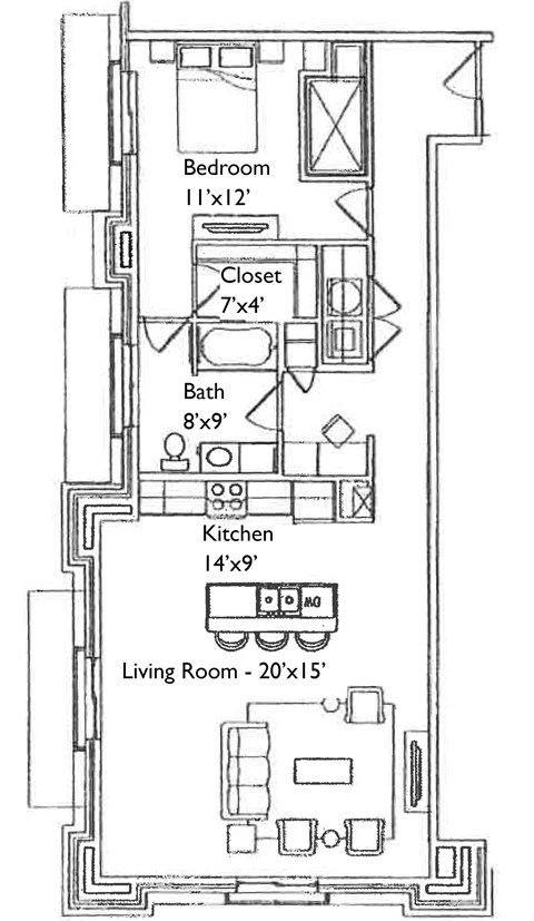 Floor plan for 1 bed, 1 bath, 1019 sqft